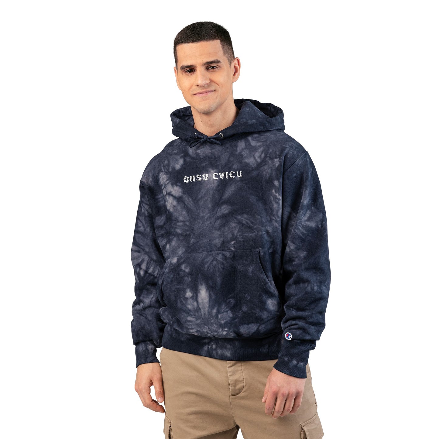 Tie-Dye Hoodie — Embroidered "Good Vibes" Champion-Style Pullover